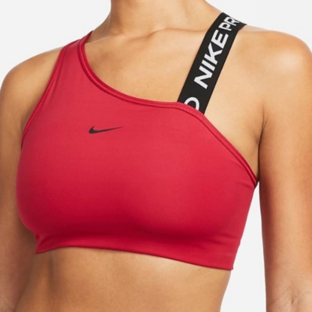 Nike Pro Asymmetrical Swoosh Sports Bra Red Workout Sporty Athlete NWT Women’s L